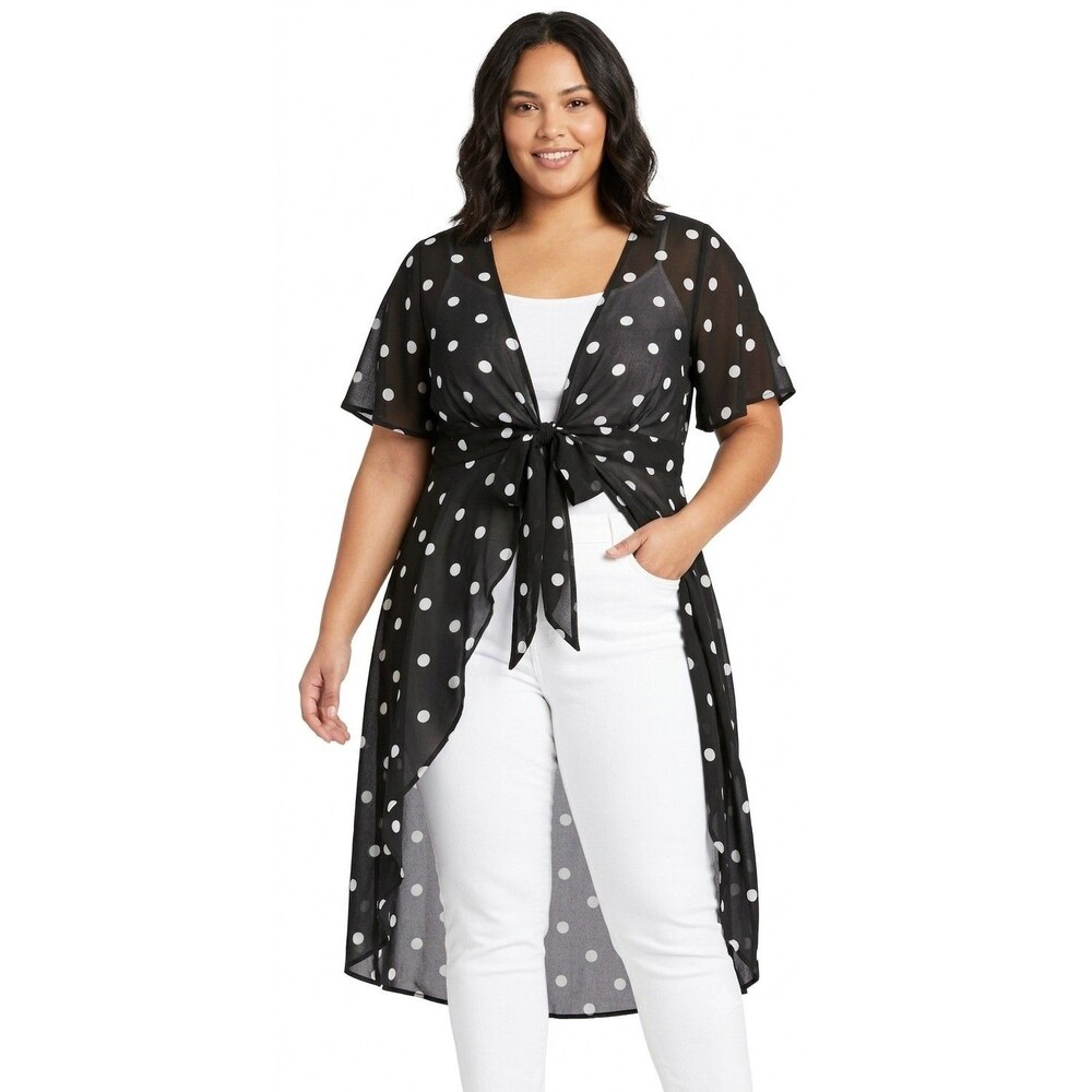 Truth Sheer Duster Cover Up Top Women's High Low Tie Black Polka Dot Large